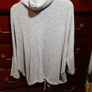 Grey 3/4 sleeve batwing cowl neck sweater with draw string bottom
